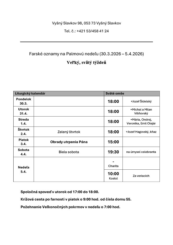 Farské oznamy na 14. týždeň