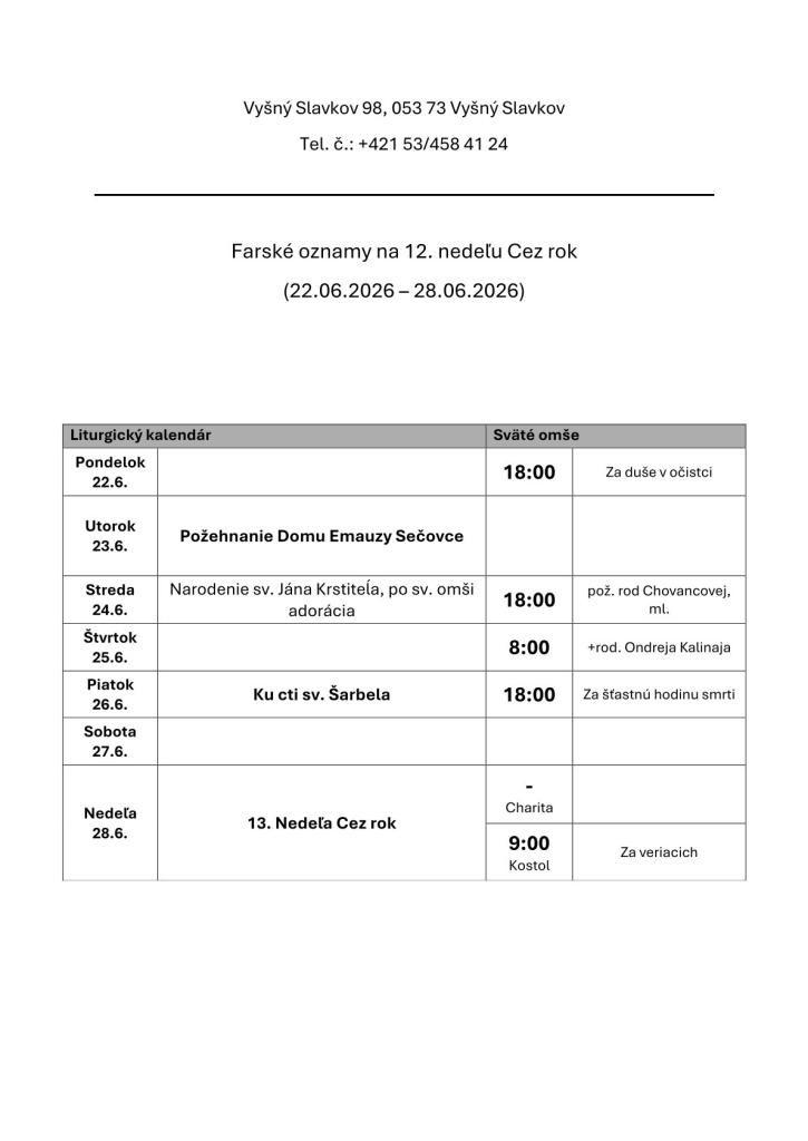 Farské oznamy na&nbsp;26. týždeň