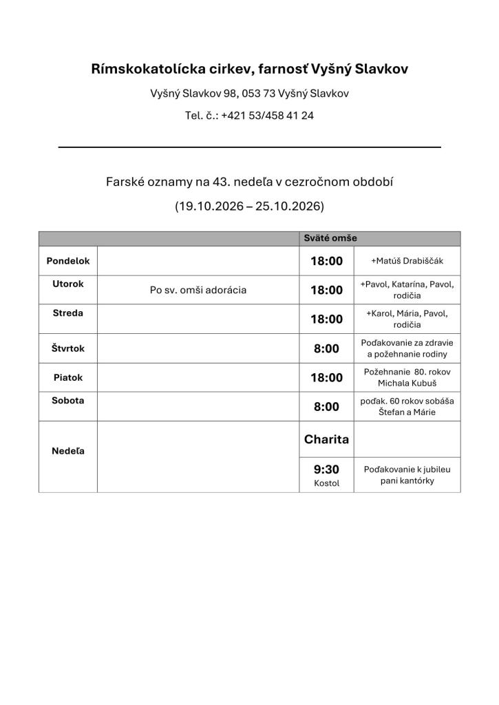 Farské oznamy na&nbsp;43. týždeň