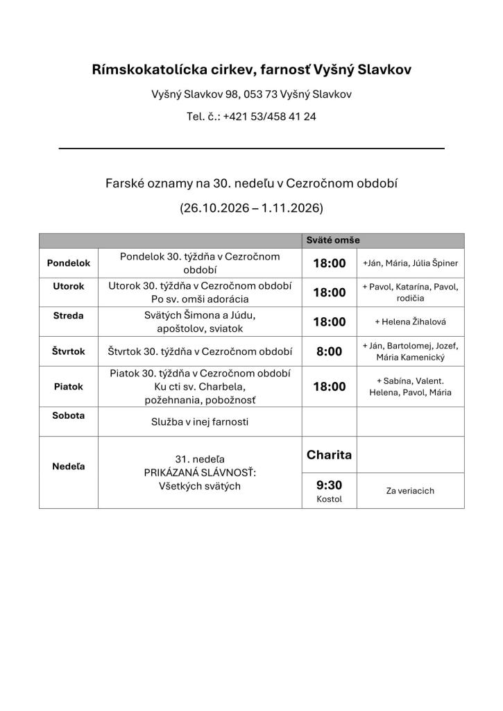 Farské oznamy na&nbsp;44. týždeň